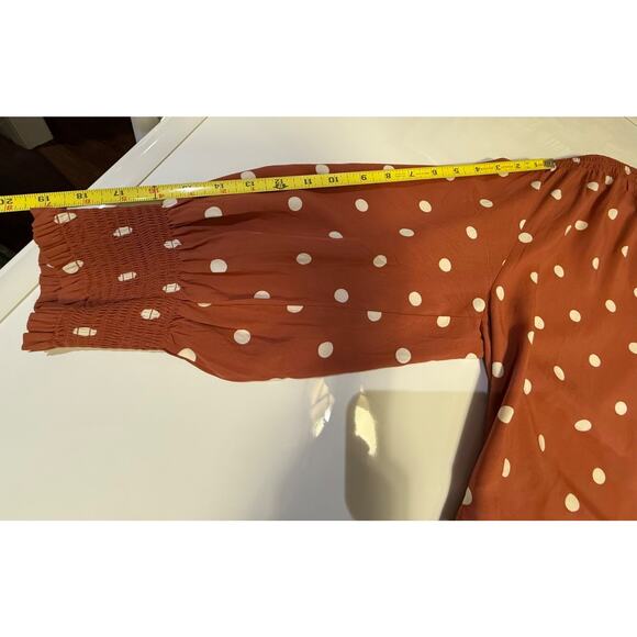 Madewell Women's Tie Front Polka Dot Top Sz 10 Blouse Weathered Brick Rayon - Picture 12 of 13